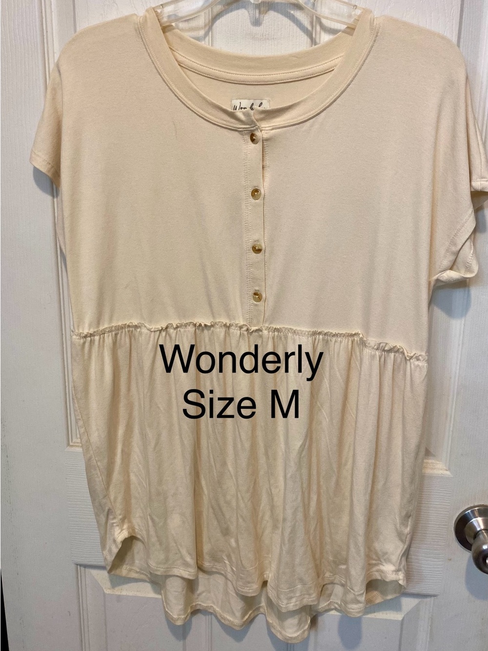 Wonderly Cream Short Sleeve Henley Peplum Top